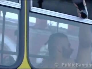 Crazy daring public bus porn action in front of amazed passengers and strangers by a couple with a adorable sweetheart and a youngster with big penis doing a blowjob and a vaginal intercourse in a local transportation