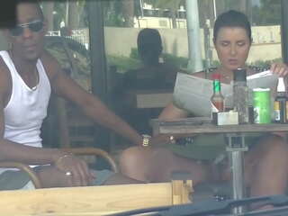 Cheating Wife &num;4 part three - Hubby movies me outside a cafe Upskirt Flashing and having an Interracial affair with a Black Man&excl;&excl;&excl;