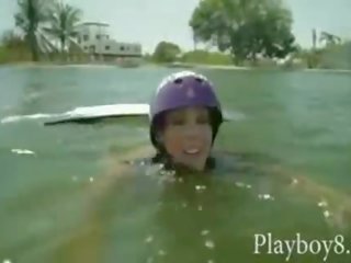 Group of bikini fabulous babes with big boobs tryout wakeboarding